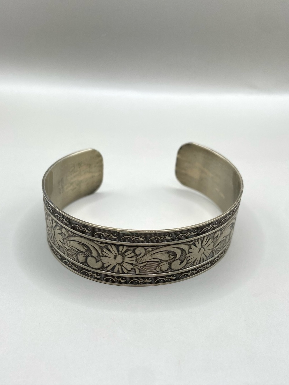 Vintage Nickel Silver Floral Wide Cuff Bracelet